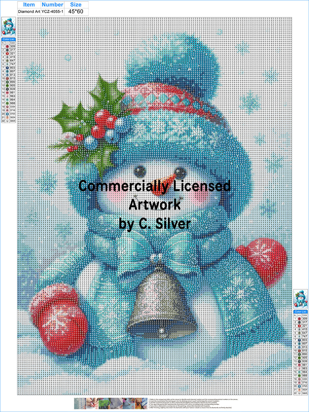 Jolly Snowman with Silver Bell — Full Drill Diamond Painting Kit (45×60cm)