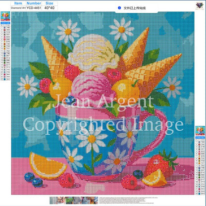 Diamond Painting Kit Ice Cream & Daisies, Full Drill Round Diamond Art for Adults, 40x40cm DIY Craft Kit, Cute Kitchen Wall Decor Gift