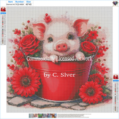 Rosy Piglet Diamond Painting Kit – A Bucket of Sweetness | 45x45cm Full Drill, Round Drill