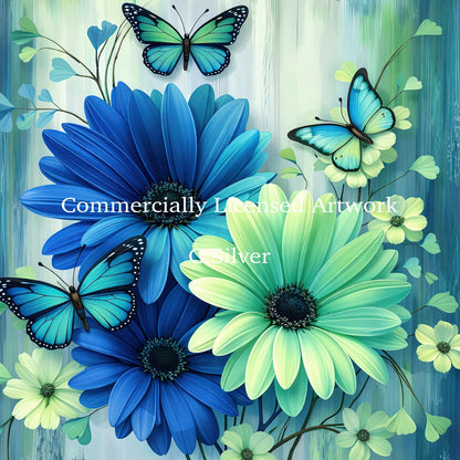 Seaglass Floral Diamond Painting Teal Blue Butterfly Daisy 5D Diamond Art Kit