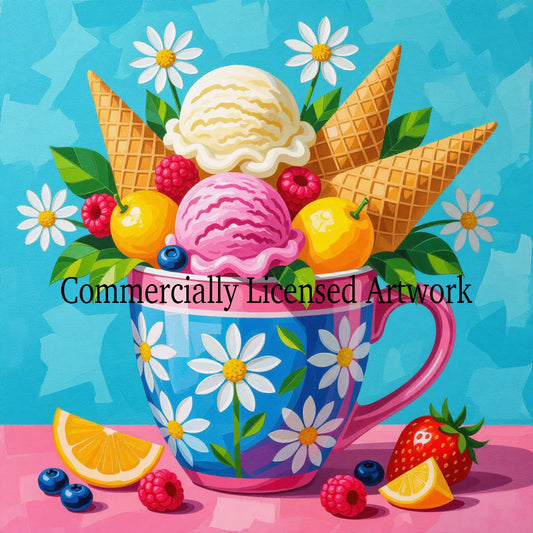 Diamond Painting Kit Ice Cream & Daisies, Full Drill Round Diamond Art for Adults, 40x40cm DIY Craft Kit, Cute Kitchen Wall Decor Gift