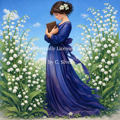 Reading Maiden Diamond Painting Kit – Among the Lily of the Valley | 45x45cm Full Round Drill