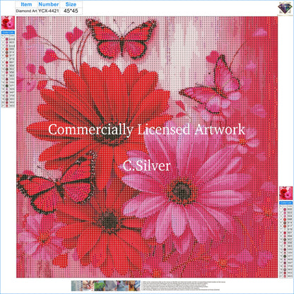 Crimson Blush Floral Diamond Painting Red Pink Butterfly Daisy 5D Diamond Art Kit