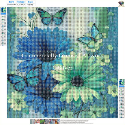 Seaglass Floral Diamond Painting Teal Blue Butterfly Daisy 5D Diamond Art Kit