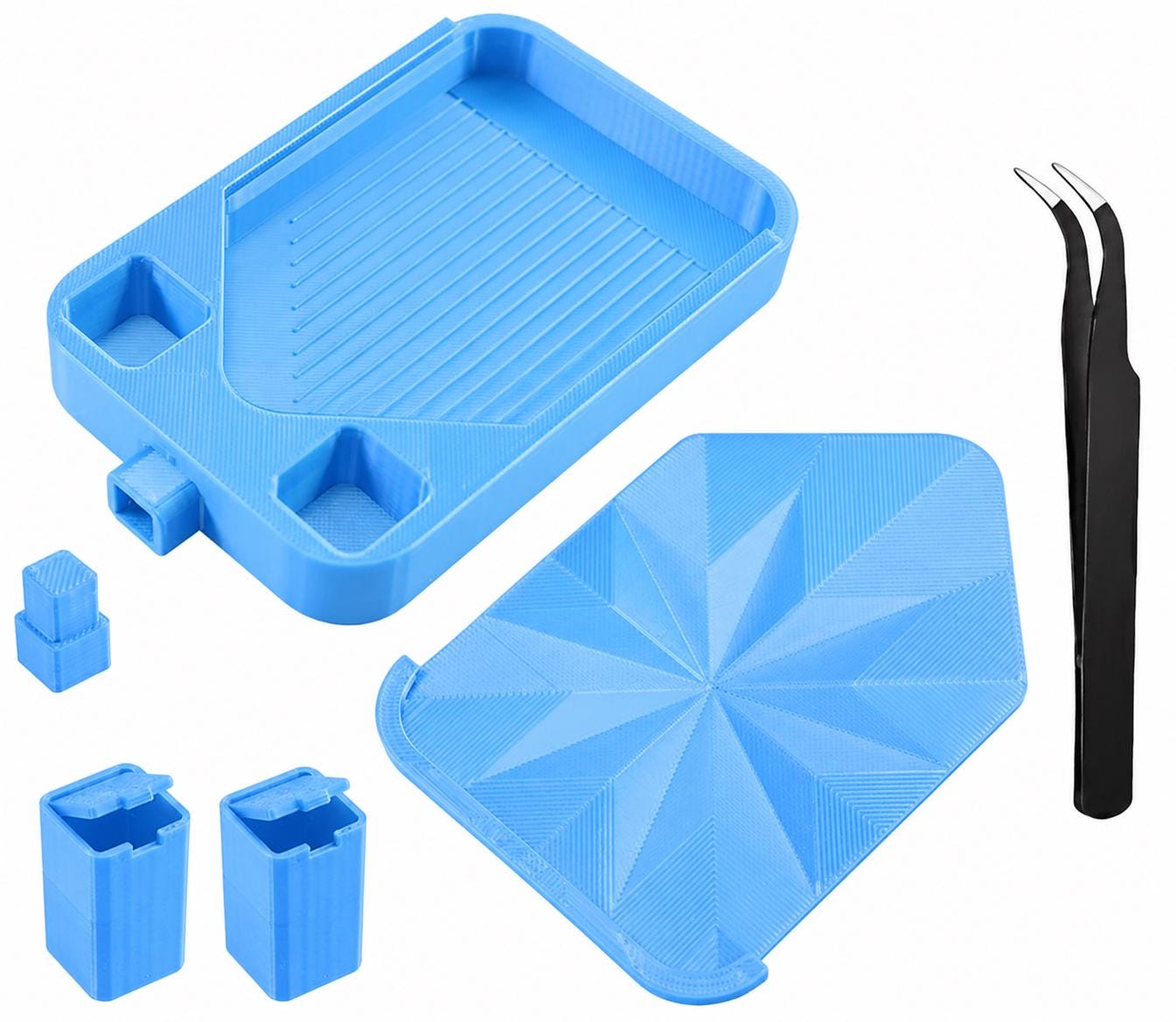 Diamond Painting Tray Set with Lid and Tweezers – Easy Pour Grooved Tray, Assorted Colors